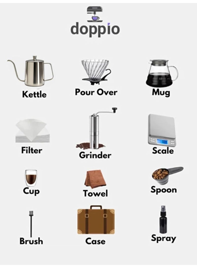 Doppio 12 Pcs V60 Premium Pour Over Manual Coffee Maker with Manual Grinder Dripper Set - Doppio12 - Image 2